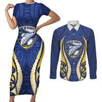 Bay of Plenty 2026 Rugby Custom Couples Matching Short Sleeve Bodycon Dress and Long Sleeve Button Shirt NZ Maori Silver Fern LT14 Blue - Polynesian Pride