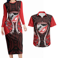 Canterbury 2026 Rugby Custom Couples Matching Long Sleeve Bodycon Dress and Hawaiian Shirt NZ Maori Silver Fern LT14 Red - Polynesian Pride