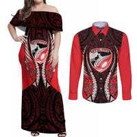 Canterbury 2026 Rugby Custom Couples Matching Off Shoulder Maxi Dress and Long Sleeve Button Shirt NZ Maori Silver Fern LT14 Red - Polynesian Pride