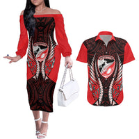 Canterbury 2026 Rugby Custom Couples Matching Off The Shoulder Long Sleeve Dress and Hawaiian Shirt NZ Maori Silver Fern LT14 Red - Polynesian Pride