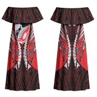 Canterbury 2026 Rugby Custom Family Matching Off Shoulder Maxi Dress and Hawaiian Shirt NZ Maori Silver Fern LT14 Mom's Dress Red - Polynesian Pride