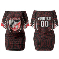 Canterbury 2026 Rugby Custom Family Matching Off Shoulder Short Dress and Hawaiian Shirt NZ Maori Silver Fern LT14 Mom's Dress Red - Polynesian Pride
