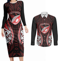 Counties Manukau 2026 Rugby Custom Couples Matching Long Sleeve Bodycon Dress and Long Sleeve Button Shirt NZ Maori Silver Fern LT14 Red - Polynesian Pride