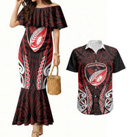 Counties Manukau 2026 Rugby Custom Couples Matching Mermaid Dress and Hawaiian Shirt NZ Maori Silver Fern LT14 Red - Polynesian Pride