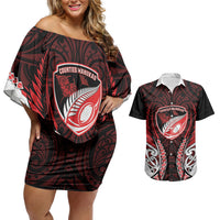 Counties Manukau 2026 Rugby Custom Couples Matching Off Shoulder Short Dress and Hawaiian Shirt NZ Maori Silver Fern LT14 Red - Polynesian Pride