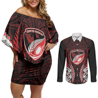 Counties Manukau 2026 Rugby Custom Couples Matching Off Shoulder Short Dress and Long Sleeve Button Shirt NZ Maori Silver Fern LT14 Red - Polynesian Pride