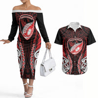 Counties Manukau 2026 Rugby Custom Couples Matching Off The Shoulder Long Sleeve Dress and Hawaiian Shirt NZ Maori Silver Fern LT14 Red - Polynesian Pride
