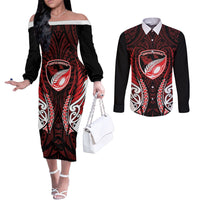 Counties Manukau 2026 Rugby Custom Couples Matching Off The Shoulder Long Sleeve Dress and Long Sleeve Button Shirt NZ Maori Silver Fern LT14 Red - Polynesian Pride