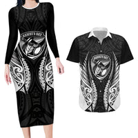 Hawke's Bay 2026 Rugby Custom Couples Matching Long Sleeve Bodycon Dress and Hawaiian Shirt NZ Maori Silver Fern LT14 Black - Polynesian Pride