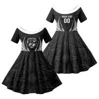 Hawke's Bay 2026 Rugby Custom Family Matching Off Shoulder Maxi Dress and Hawaiian Shirt NZ Maori Silver Fern LT14 Daughter's Dress Black - Polynesian Pride