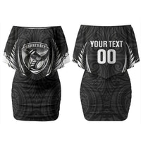 Hawke's Bay 2026 Rugby Custom Family Matching Off Shoulder Short Dress and Hawaiian Shirt NZ Maori Silver Fern LT14 Mom's Dress Black - Polynesian Pride