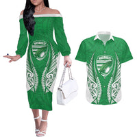 Manawatu 2026 Rugby Custom Couples Matching Off The Shoulder Long Sleeve Dress and Hawaiian Shirt NZ Maori Silver Fern LT14 Green - Polynesian Pride