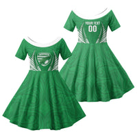 Manawatu 2026 Rugby Custom Family Matching Off Shoulder Short Dress and Hawaiian Shirt NZ Maori Silver Fern LT14 Daughter's Dress Green - Polynesian Pride