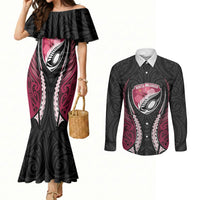 North Harbour 2026 Rugby Custom Couples Matching Mermaid Dress and Long Sleeve Button Shirt NZ Maori Silver Fern LT14 Maroon - Polynesian Pride