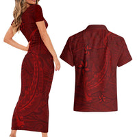 Oxblood Polynesia Couples Matching Short Sleeve Bodycon Dress and Hawaiian Shirt Hawaiian Tribal Hammerhead Shark Tattoo LT14 - Polynesian Pride