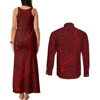 Oxblood Polynesia Couples Matching Tank Maxi Dress and Long Sleeve Button Shirt Hawaiian Tribal Hammerhead Shark Tattoo