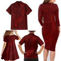 Oxblood Polynesia Family Matching Long Sleeve Bodycon Dress and Hawaiian Shirt Hawaiian Tribal Hammerhead Shark Tattoo LT14 - Polynesian Pride