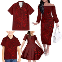 Oxblood Polynesia Family Matching Off The Shoulder Long Sleeve Dress and Hawaiian Shirt Hawaiian Tribal Hammerhead Shark Tattoo LT14 - Polynesian Pride