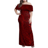Oxblood Polynesia Family Matching Off Shoulder Maxi Dress and Hawaiian Shirt Hawaiian Tribal Hammerhead Shark Tattoo LT14 Mom's Dress Oxblood - Polynesian Pride
