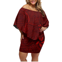 Oxblood Polynesia Family Matching Off Shoulder Short Dress and Hawaiian Shirt Hawaiian Tribal Hammerhead Shark Tattoo LT14 Mom's Dress Oxblood - Polynesian Pride
