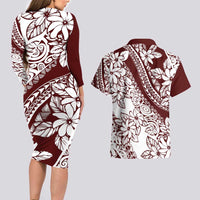 Polynesian Tropical Flowers Oxblood Color Couples Matching Long Sleeve Bodycon Dress and Hawaiian Shirt