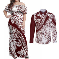 Polynesian Tropical Flowers Oxblood Color Couples Matching Off Shoulder Maxi Dress and Long Sleeve Button Shirt