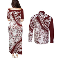 Polynesian Tropical Flowers Oxblood Color Couples Matching Puletasi and Long Sleeve Button Shirt