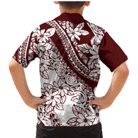 Polynesian Tropical Flowers Oxblood Color Family Matching Mermaid Dress and Hawaiian Shirt