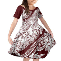 Polynesian Tropical Flowers Oxblood Color Family Matching Off The Shoulder Long Sleeve Dress and Hawaiian Shirt LT14 Daughter's Dress Oxblood - Polynesian Pride
