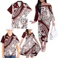 Polynesian Tropical Flowers Oxblood Color Family Matching Off The Shoulder Long Sleeve Dress and Hawaiian Shirt LT14 - Polynesian Pride