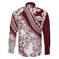 Polynesian Tropical Flowers Oxblood Color Family Matching Off The Shoulder Long Sleeve Dress and Hawaiian Shirt LT14 - Polynesian Pride