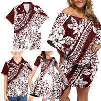 Polynesian Tropical Flowers Oxblood Color Family Matching Off Shoulder Short Dress and Hawaiian Shirt LT14 - Polynesian Pride