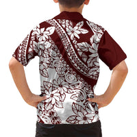 Polynesian Tropical Flowers Oxblood Color Family Matching Tank Maxi Dress and Hawaiian Shirt