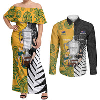New Zealand Australia Rugby Bledisloe 2026 Custom Couples Matching Off Shoulder Maxi Dress and Long Sleeve Button Shirt Champion Trophy Maori Aboriginal Art LT14 Multicolor - Polynesian Pride