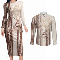 Swimming With Humpback Whales Season Tonga Couples Matching Long Sleeve Bodycon Dress and Long Sleeve Button Shirt Tongan Tofuaa Ngatu Pattern Brown LT14 Brown - Polynesian Pride