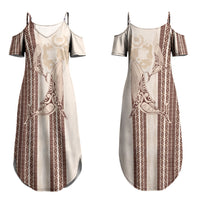 Swimming With Humpback Whales Season Tonga Couples Matching Summer Maxi Dress and Long Sleeve Button Shirt Tongan Tofuaa Ngatu Pattern Brown LT14 - Polynesian Pride