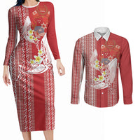 Swimming With Humpback Whales Season Tonga Couples Matching Long Sleeve Bodycon Dress and Long Sleeve Button Shirt Tongan Tofuaa Ngatu Pattern Red LT14 Red - Polynesian Pride