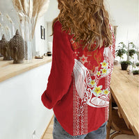 Swimming With Humpback Whales Season Tonga Women Casual Shirt Tongan Tofuaa Ngatu Pattern Red LT14 - Polynesian Pride