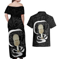 Black New Zealand Eel Couples Matching Off Shoulder Maxi Dress and Hawaiian Shirt Aotearoa Maori Tuna With Kotiate Weapon LT14 - Polynesian Pride