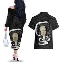 Black New Zealand Eel Couples Matching Off The Shoulder Long Sleeve Dress and Hawaiian Shirt Aotearoa Maori Tuna With Kotiate Weapon LT14 - Polynesian Pride