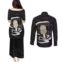 Black New Zealand Eel Couples Matching Puletasi and Long Sleeve Button Shirt Aotearoa Maori Tuna With Kotiate Weapon