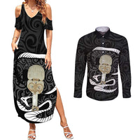 Black New Zealand Eel Couples Matching Summer Maxi Dress and Long Sleeve Button Shirt Aotearoa Maori Tuna With Kotiate Weapon LT14 Black - Polynesian Pride