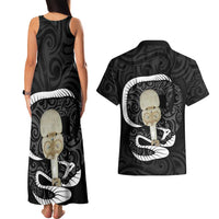 Black New Zealand Eel Couples Matching Tank Maxi Dress and Hawaiian Shirt Aotearoa Maori Tuna With Kotiate Weapon LT14 - Polynesian Pride