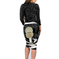 Black New Zealand Eel Family Matching Long Sleeve Bodycon Dress and Hawaiian Shirt Aotearoa Maori Tuna With Kotiate Weapon LT14 - Polynesian Pride