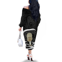 Black New Zealand Eel Family Matching Off The Shoulder Long Sleeve Dress and Hawaiian Shirt Aotearoa Maori Tuna With Kotiate Weapon LT14 - Polynesian Pride