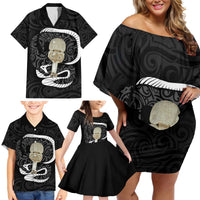 Black New Zealand Eel Family Matching Off Shoulder Short Dress and Hawaiian Shirt Aotearoa Maori Tuna With Kotiate Weapon LT14 - Polynesian Pride