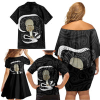 Black New Zealand Eel Family Matching Off Shoulder Short Dress and Hawaiian Shirt Aotearoa Maori Tuna With Kotiate Weapon LT14 - Polynesian Pride