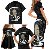 Black New Zealand Eel Family Matching Short Sleeve Bodycon Dress and Hawaiian Shirt Aotearoa Maori Tuna With Kotiate Weapon LT14 - Polynesian Pride