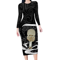 Black New Zealand Eel Long Sleeve Bodycon Dress Aotearoa Maori Tuna With Kotiate Weapon LT14 Long Dress Black - Polynesian Pride