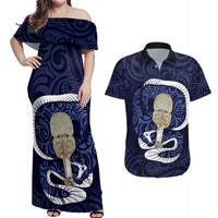 Blue New Zealand Eel Couples Matching Off Shoulder Maxi Dress and Hawaiian Shirt Aotearoa Maori Tuna With Kotiate Weapon LT14 Blue - Polynesian Pride